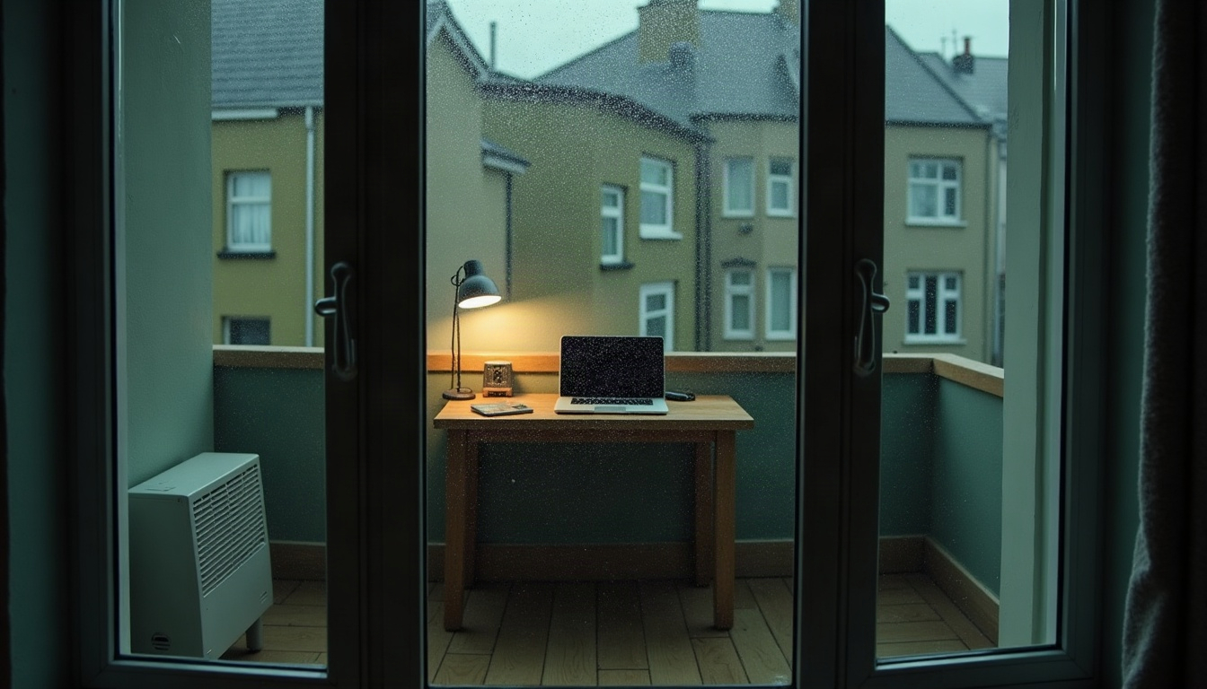 A back-room home office with a laptop and a desk lamp seen through a rain-streaked window on a wet street.
