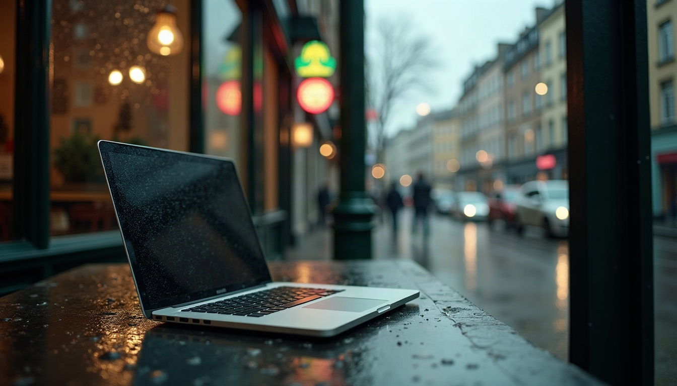 A closed laptop beside a rain-streaked café window overlooking a wet city street.