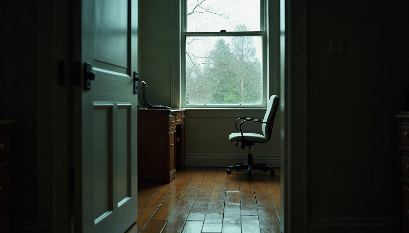 A back-room home office in grey daylight, with a plank floor, a desk by a rain-streaked window and a rolling chair.