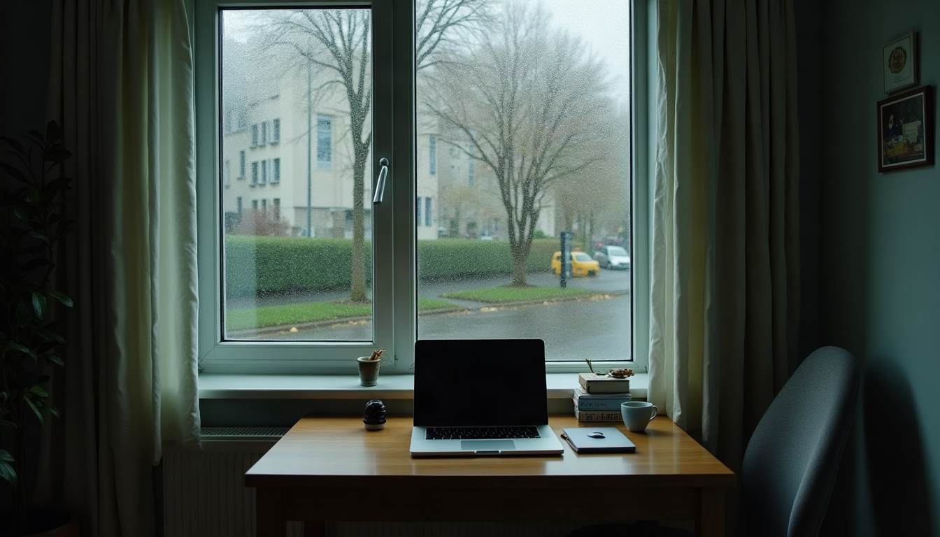 A back-room home office with a desk and laptop in grey daylight, the ceiling above lit softly by a rain-streaked window.