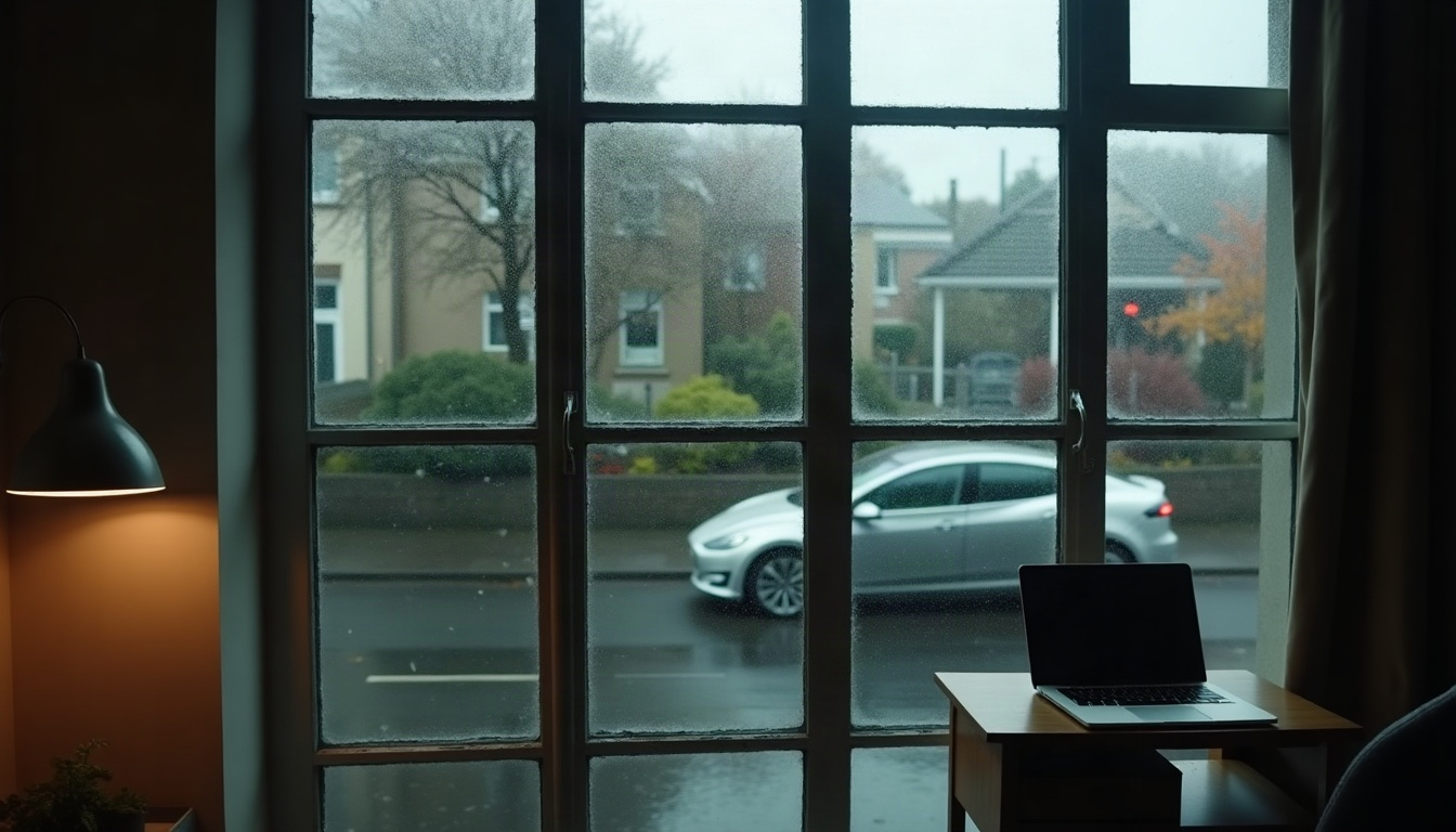 A back-room home office window with a desk lamp and laptop, and an electric car parked outside on a wet street.
