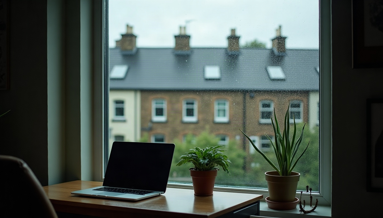 A back-room home office with a laptop beside a rain-streaked window overlooking wet terraced roofs.