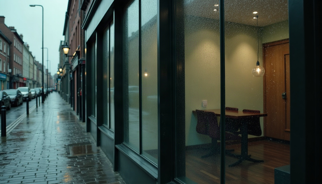A rain-streaked office window shows a desk and two empty chairs inside, above a wet cobbled street on an overcast day.