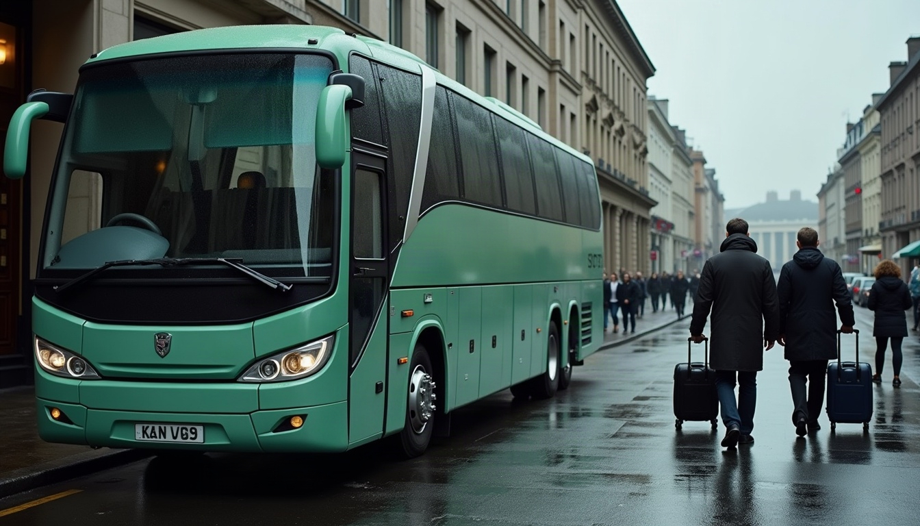 A coach parked on a wet city street while a small group of travellers with luggage gathers beside it.