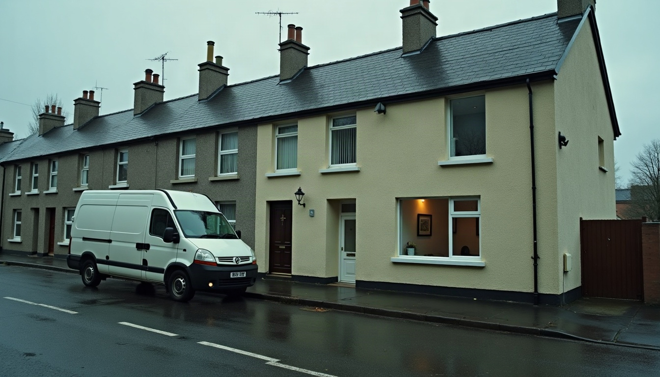 A terraced house with a bathroom under renovation and an unmarked work van at the kerb on a wet street.